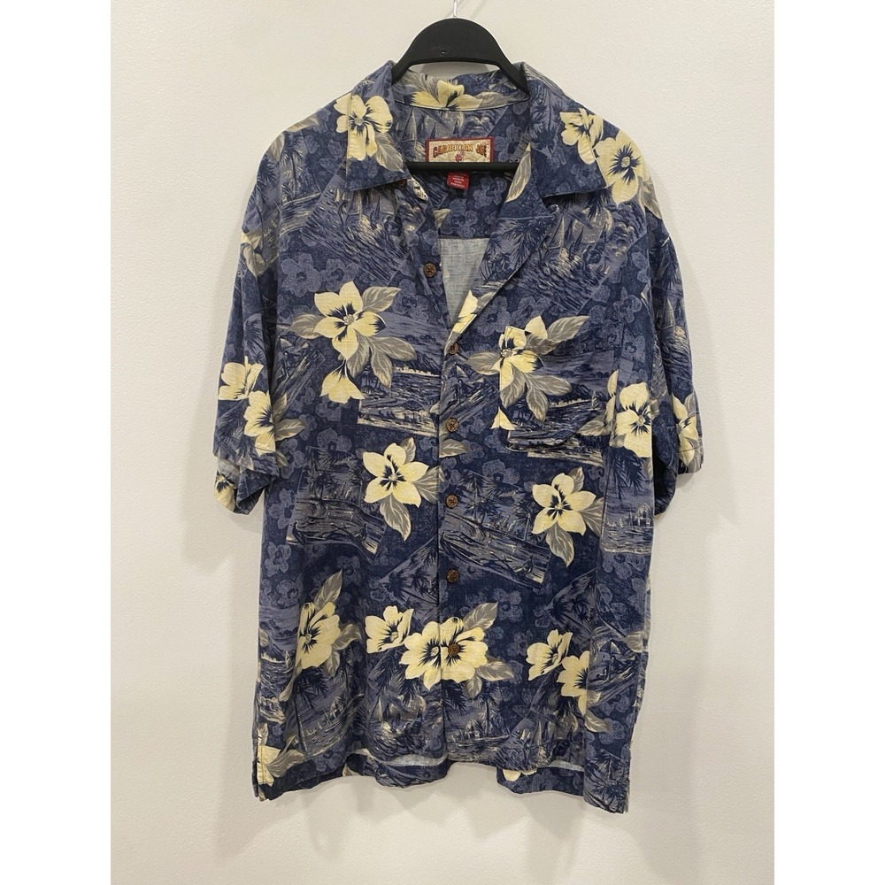 Caribbean Joe men's Hawaiian button down shirt blue yellow floral Rayon small